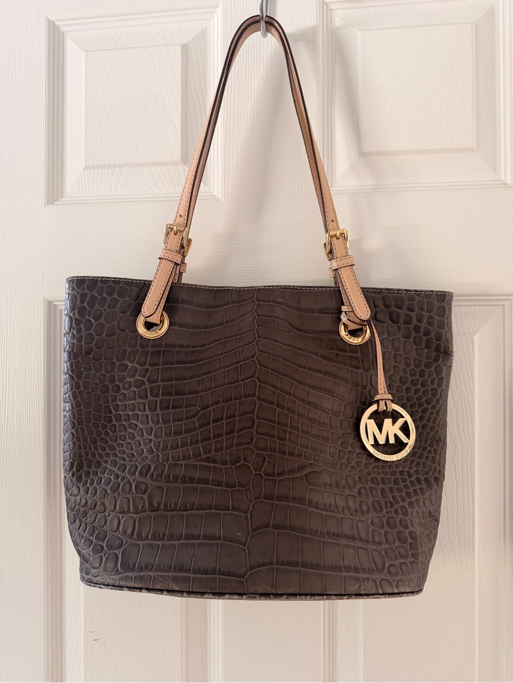 Michael Kors Croc-Embossed Brown Leather Tote with Pale Pink Straps